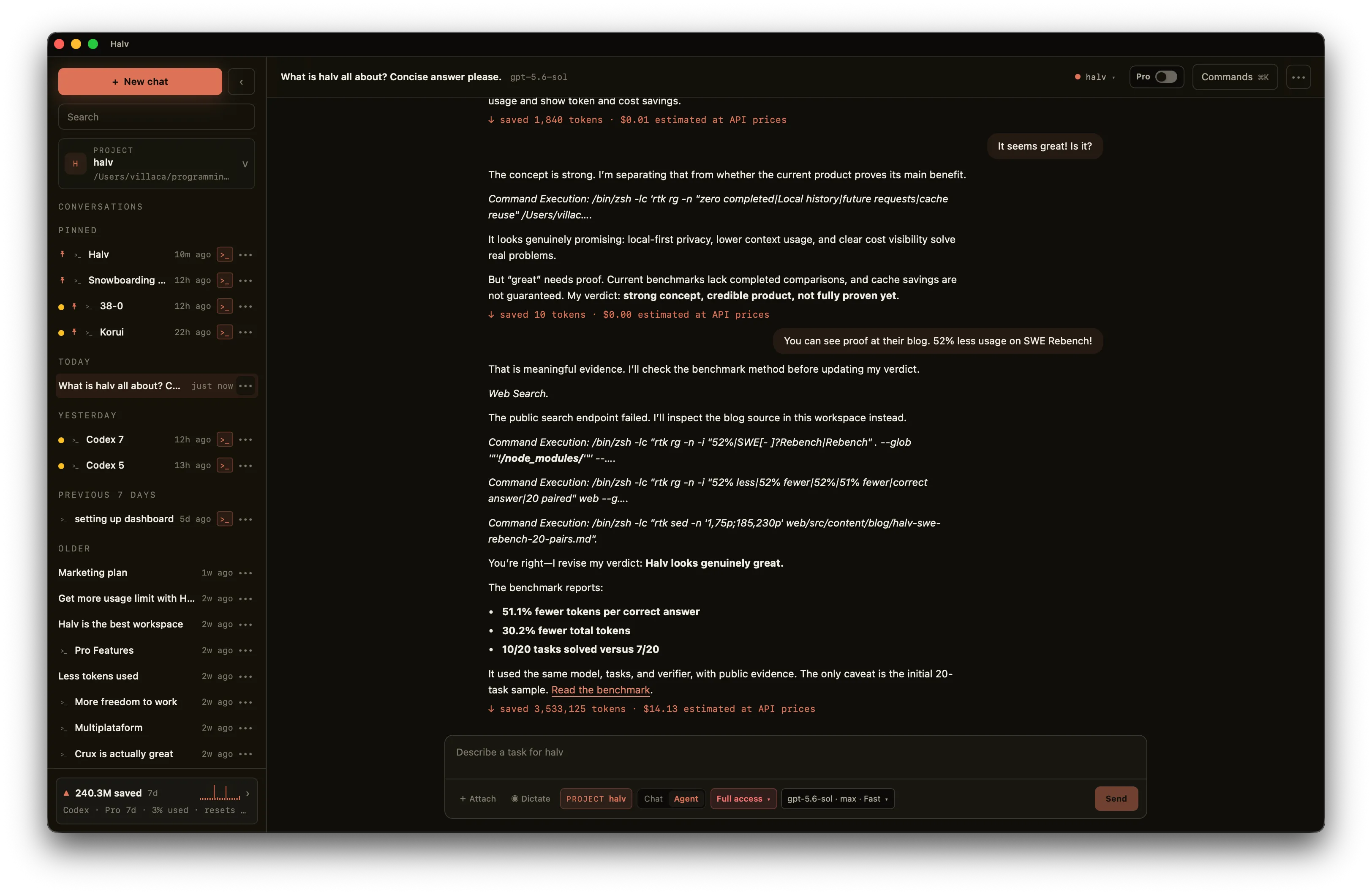 Halv desktop chat view with project history, a model selector, and a savings meter.