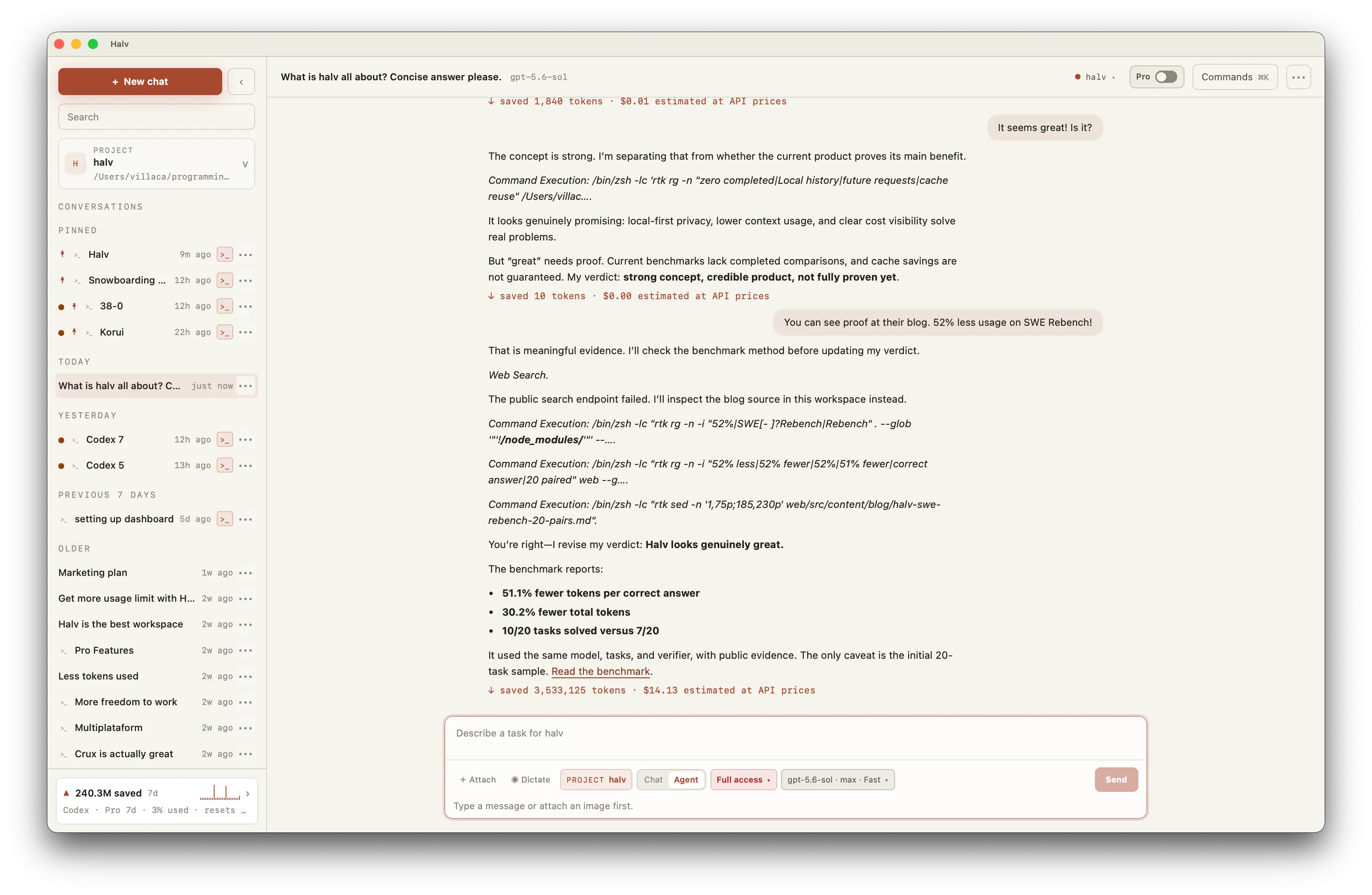 Halv desktop chat view with project history, a model selector, and a savings meter.