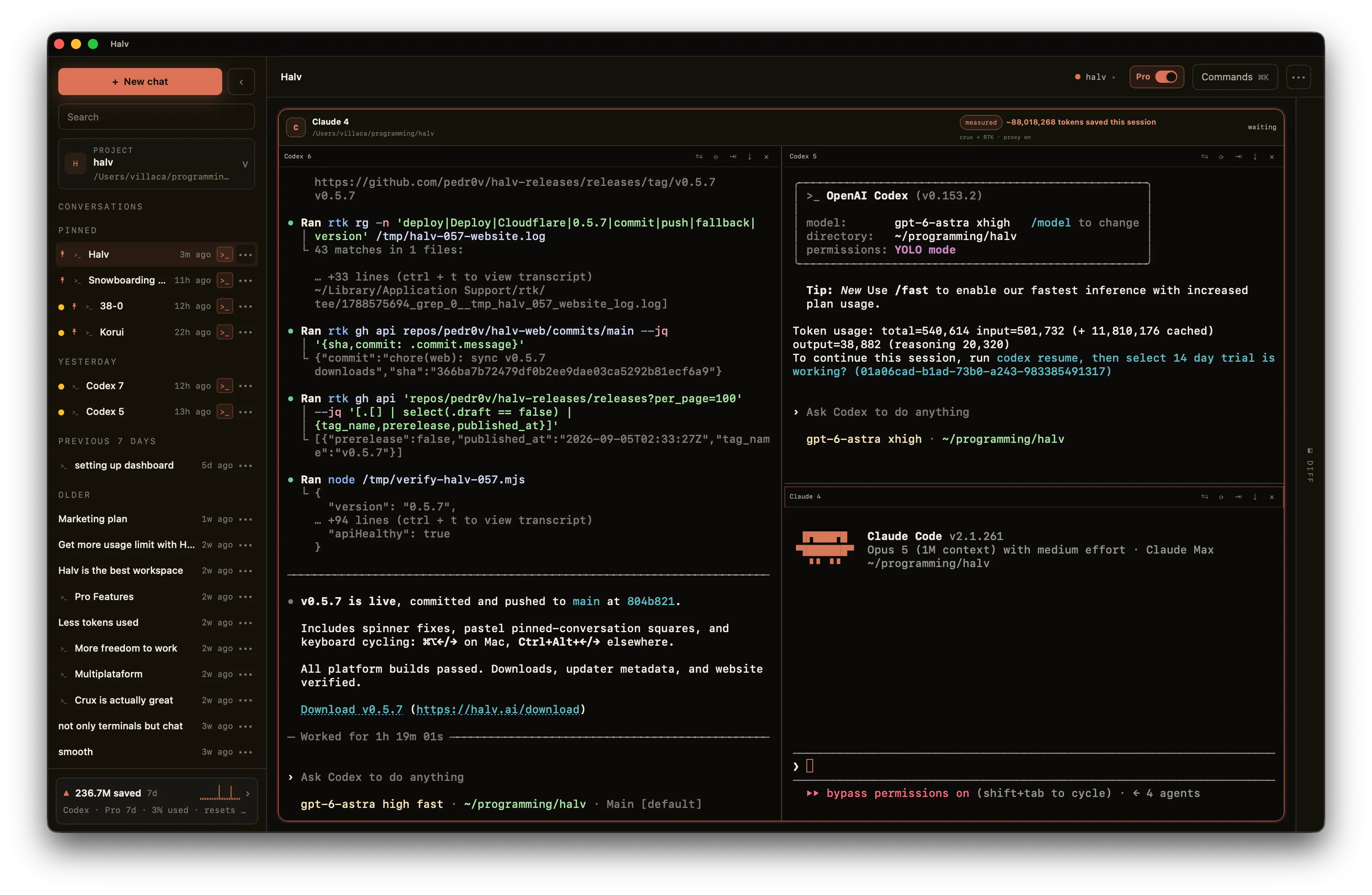 Halv desktop workspace with Claude Code and Codex in three terminal panes, project history, and a savings meter.