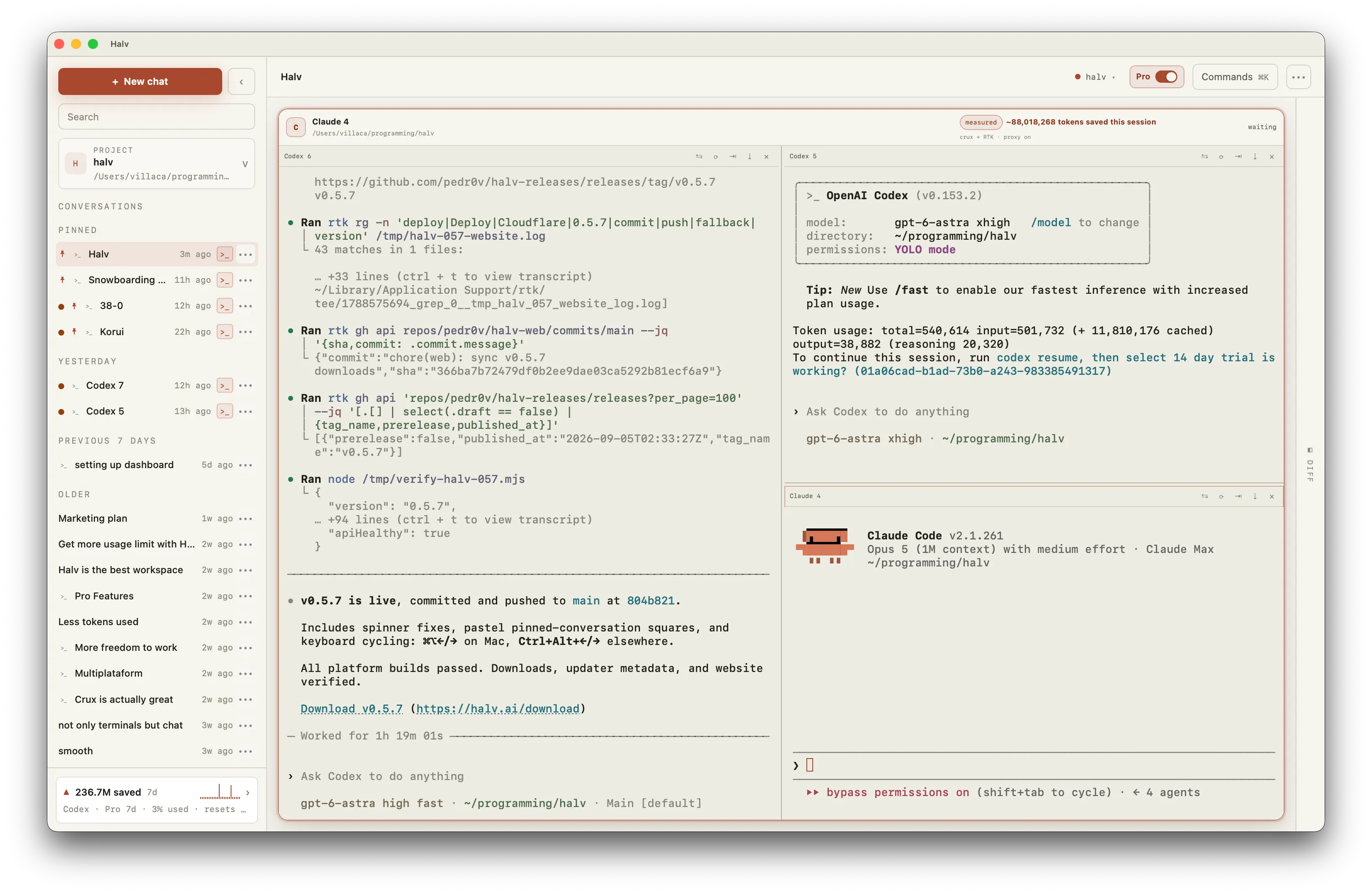 Halv desktop workspace with Claude Code and Codex in three terminal panes, project history, and a savings meter.